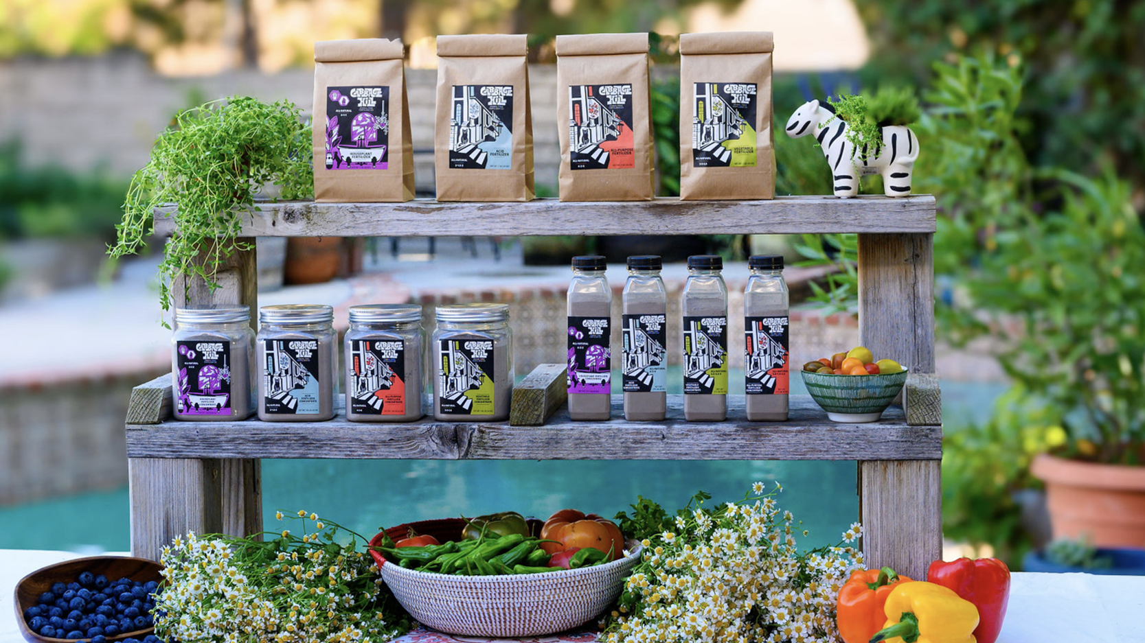 outdoor shelves of cabbage hill fertilizer containers